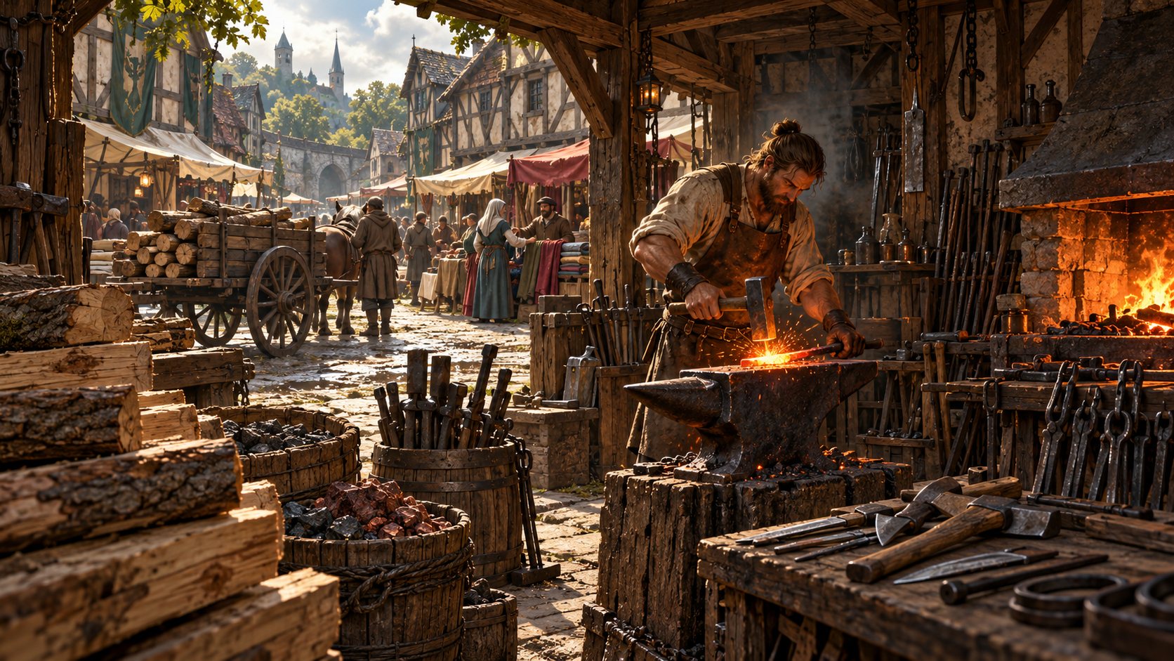 A blacksmith at work beside the trade stalls of a medieval market