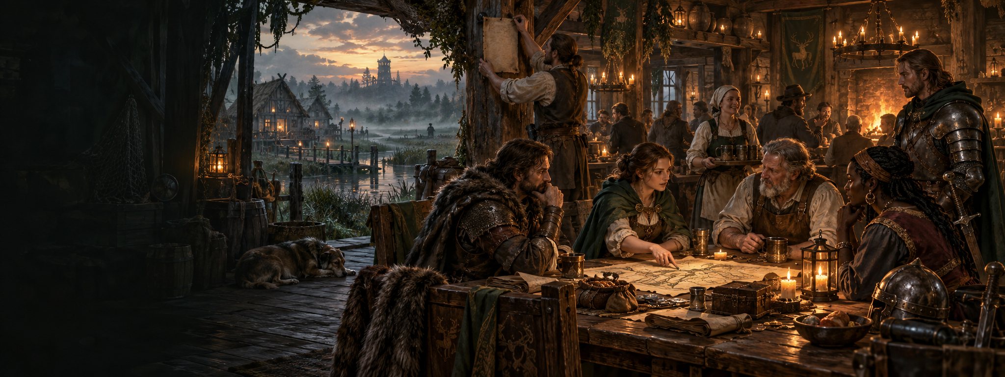 Traders, craftspeople and retainers gathering in a medieval guildhall
