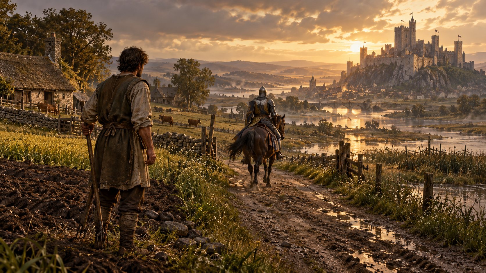 A worker looks along a road toward a knight and castle