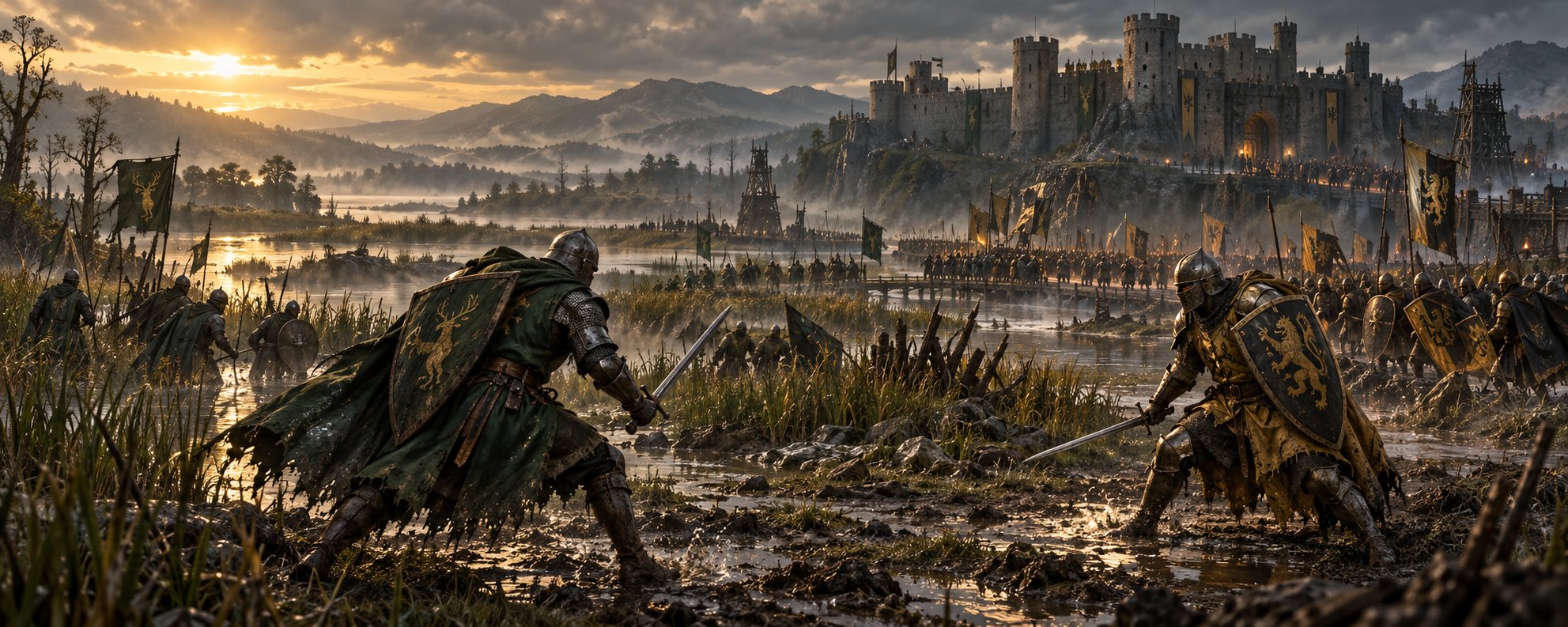 Medieval warriors face one another below a fortress