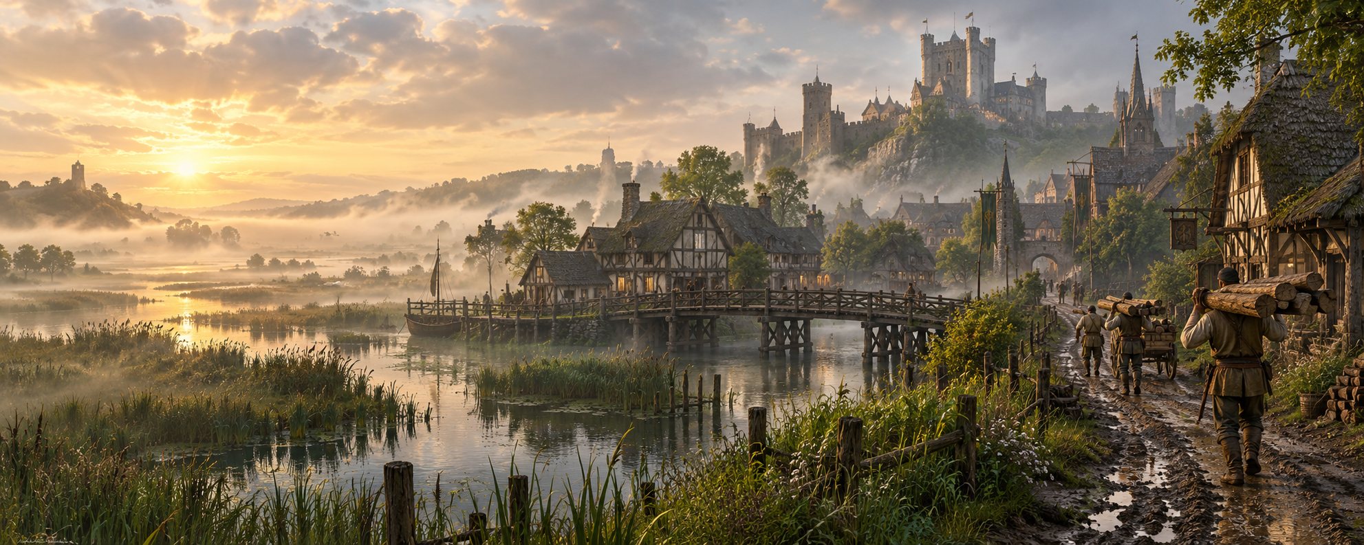 A medieval marshland town, wooden bridge and distant castle at dawn
